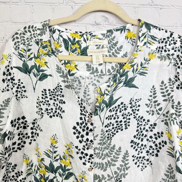 Chinthya Rowley Linen Blouse Women Size Plus 1X Floral Artsy Roll Tab Sleeve Top - Picture 5 of 9